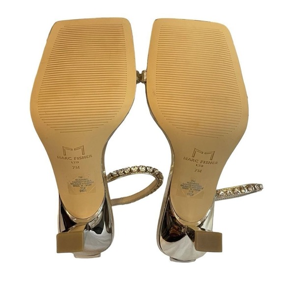 MARC FISHER Karima Leather Gold Heeled‎ Sandal w/ Crystal Trim - Picture 7 of 9